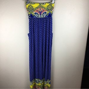 Silvergate Women's Blue Yellow Floral Strapless Maxi Dress Front Pockets Size S